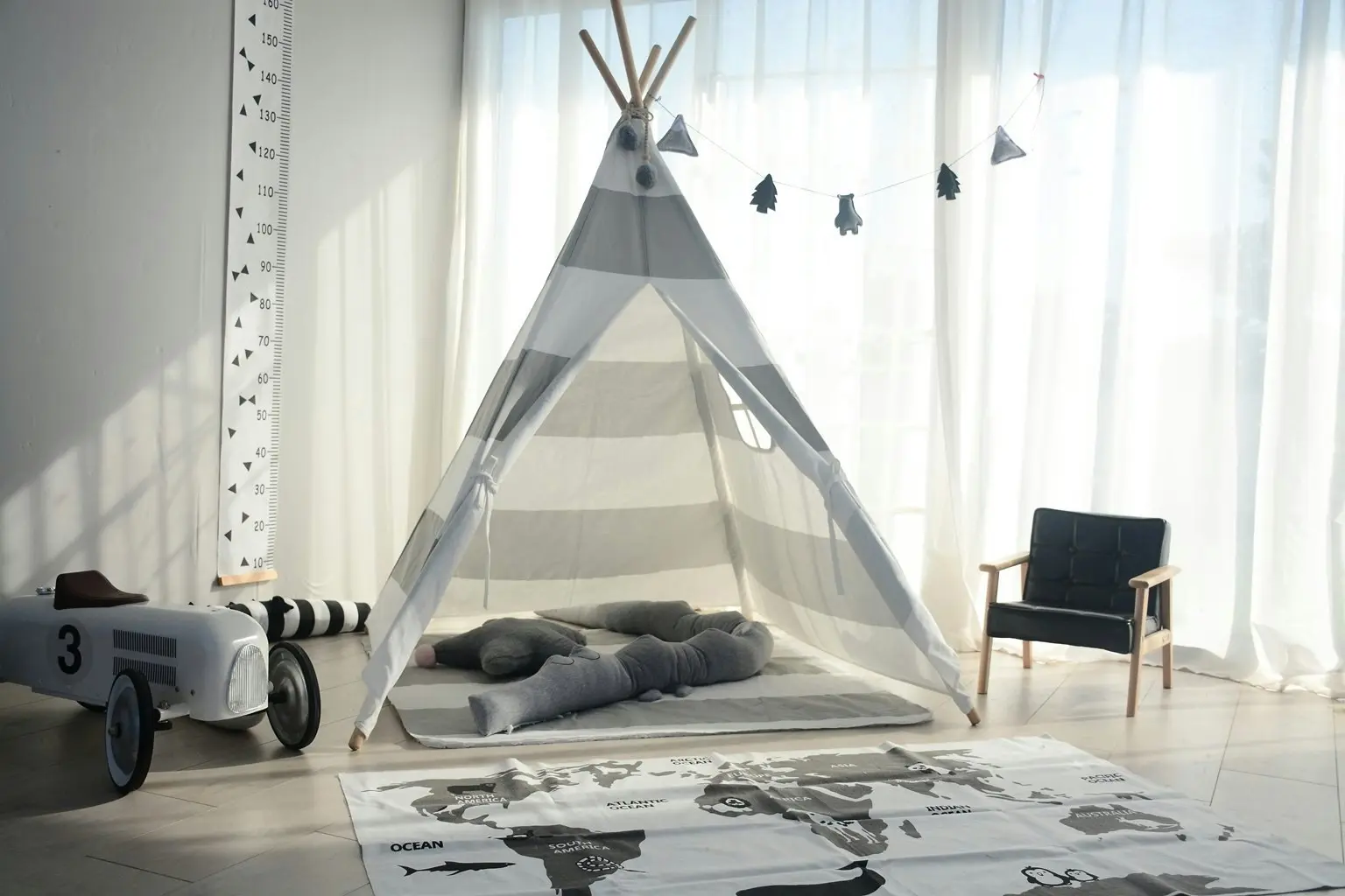 All 4 Kids Asher Cotton Canvas Kids Grey Stripe Square Teepee Tent