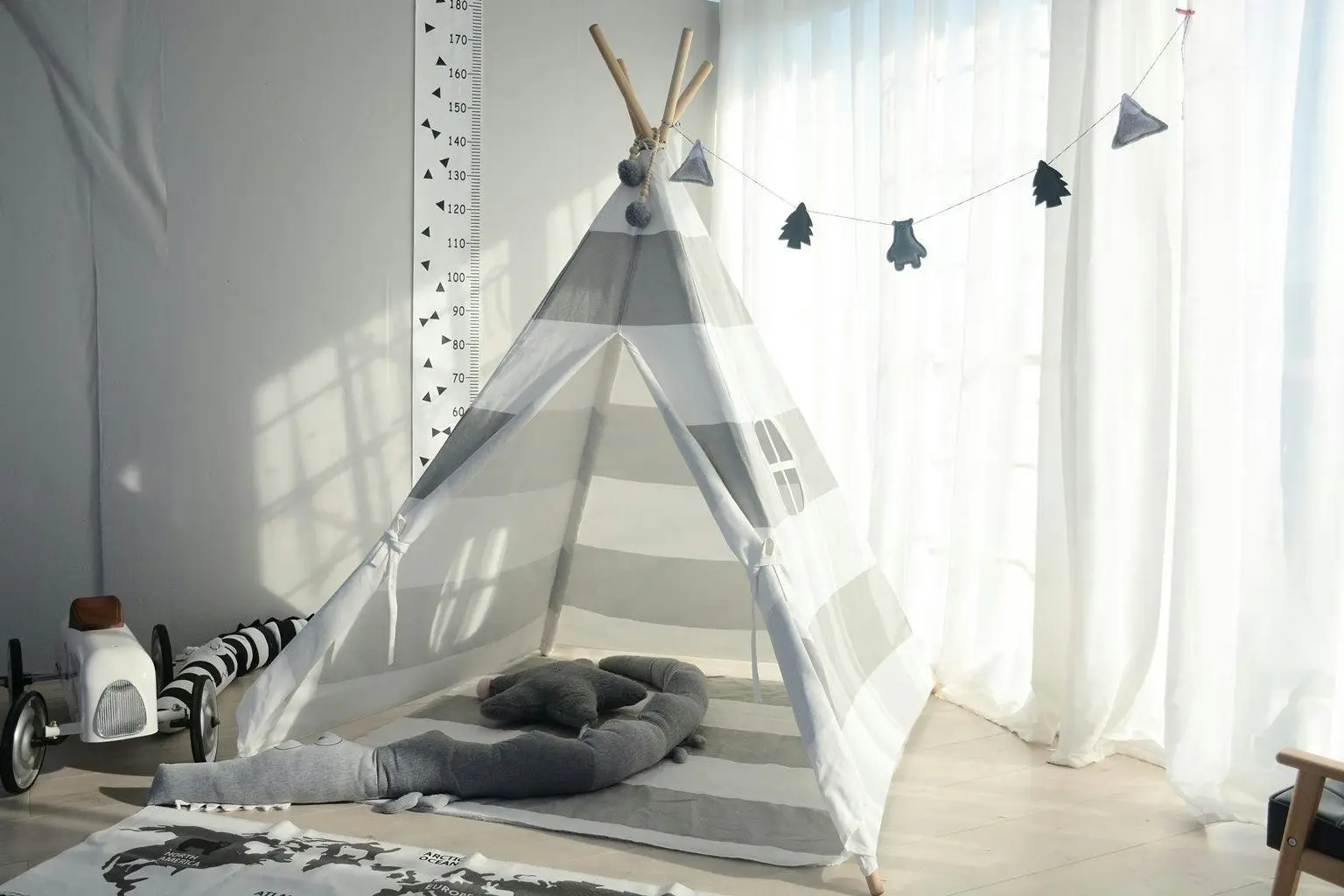 All 4 Kids Asher Cotton Canvas Kids Grey Stripe Square Teepee Tent