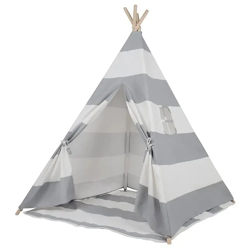 All 4 Kids Asher Cotton Canvas Kids Grey Stripe Square Teepee Tent