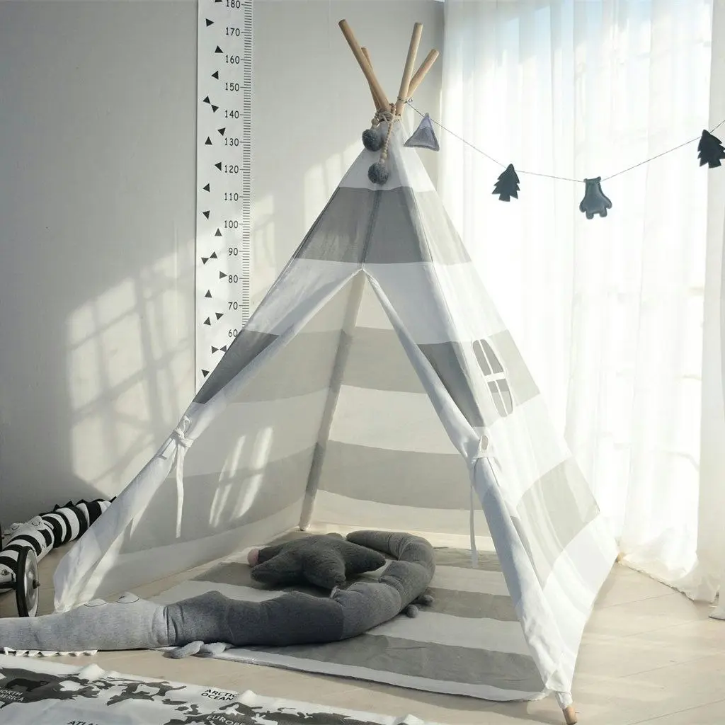 All 4 Kids Asher Cotton Canvas Kids Grey Stripe Square Teepee Tent