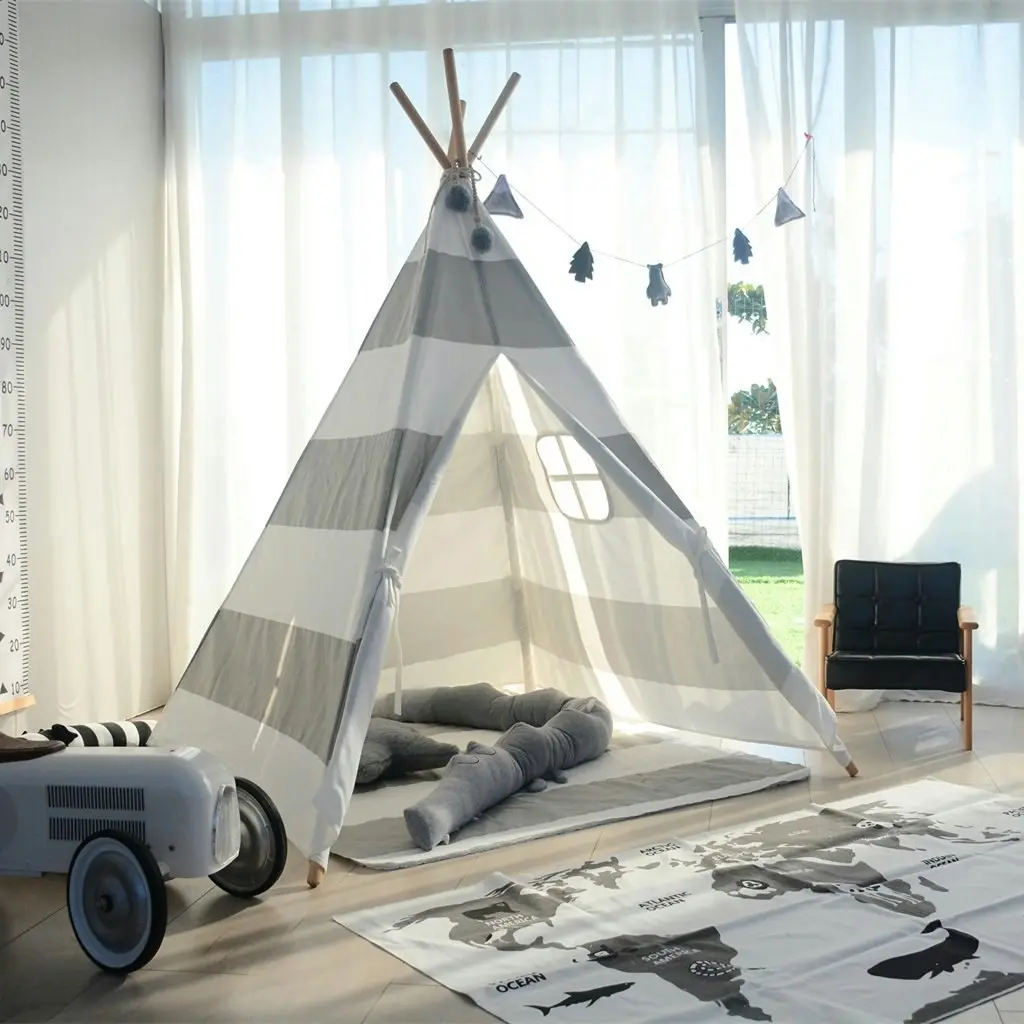 All 4 Kids Asher Cotton Canvas Kids Grey Stripe Square Teepee Tent