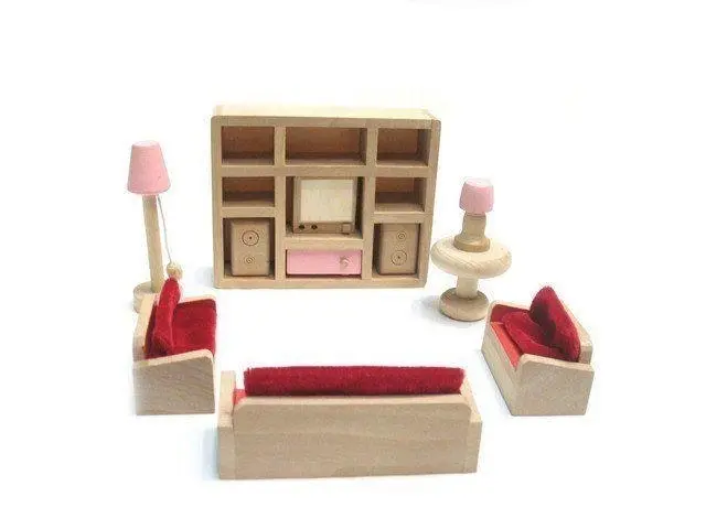 All 4 Kids Wooden Doll House Furniture Miniature 6 Rooms & 4 Dolls Set