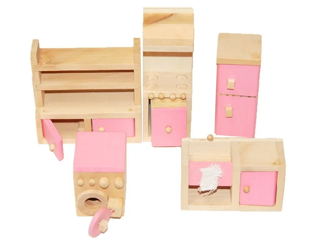 All 4 Kids Wooden Doll House Furniture Miniature 6 Rooms & 4 Dolls Set