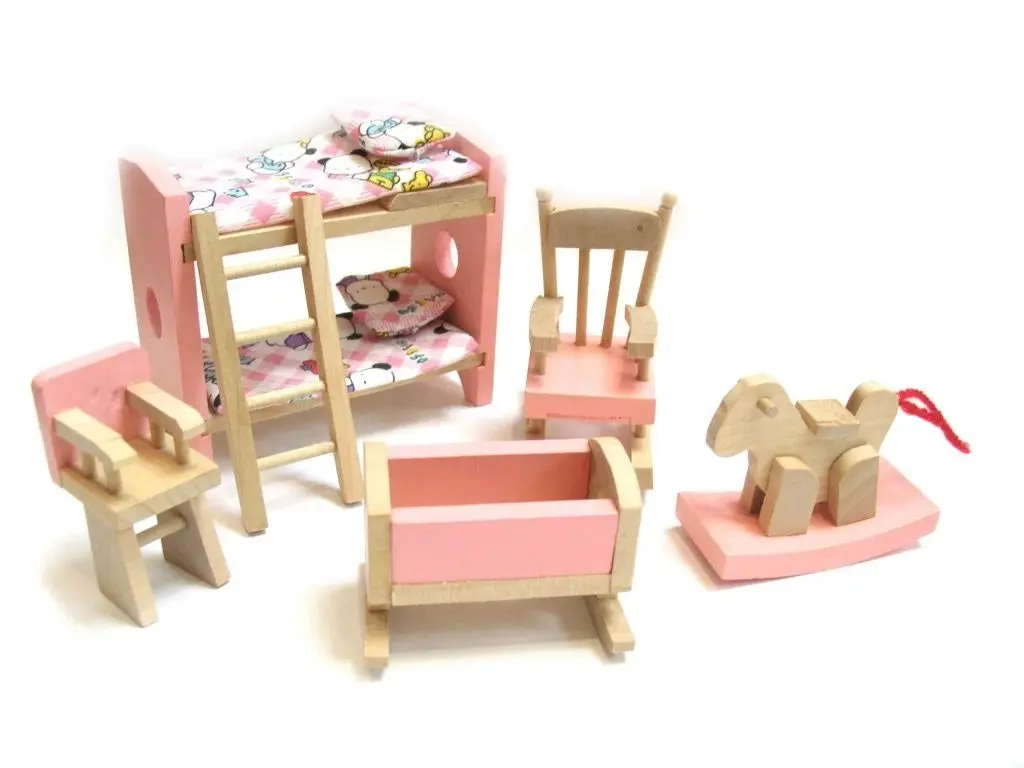 All 4 Kids Wooden Doll House Furniture Miniature 6 Rooms & 4 Dolls Set