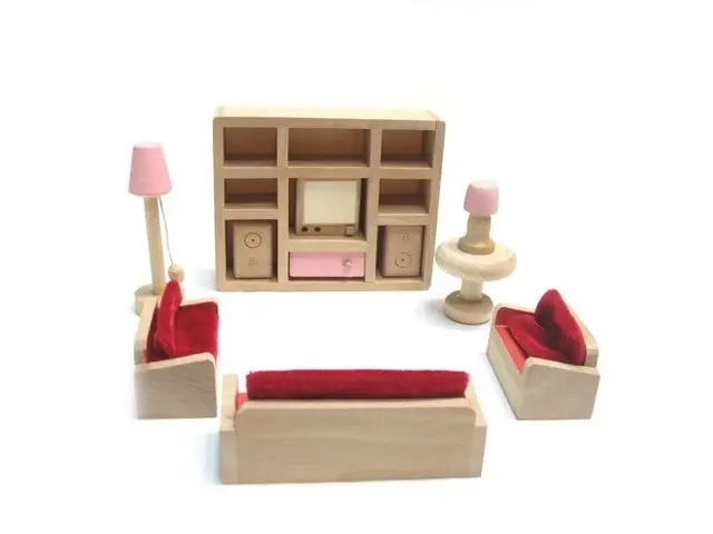 All 4 Kids Wooden Doll House Furniture Miniature 6 Rooms & 4 Dolls Set