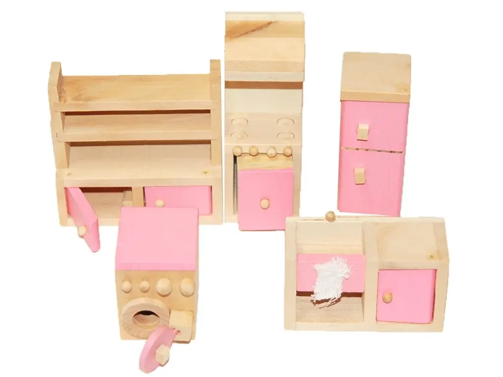 All 4 Kids Wooden Doll House Furniture Miniature 6 Rooms & 4 Dolls Set