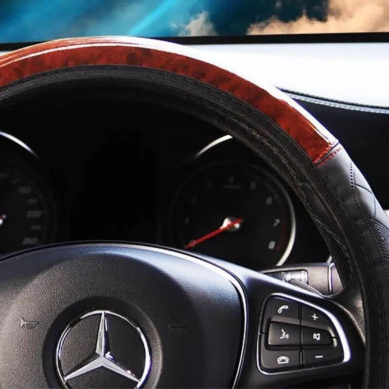 Car Steering Wheel Cover Mahogany Wood Pattern PU Leather Steering wheel CoverAU