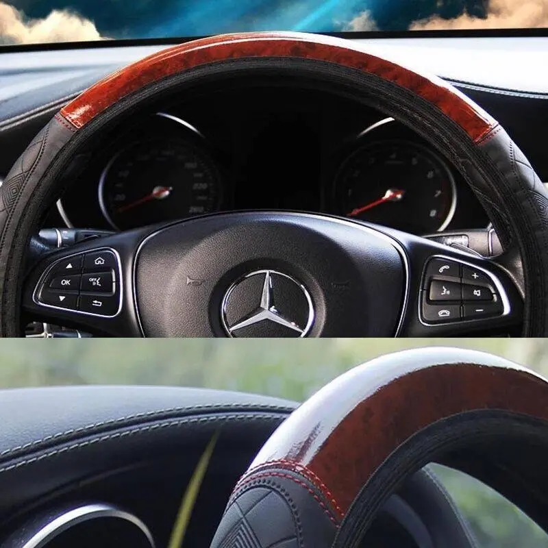 Car Steering Wheel Cover Mahogany Wood Pattern PU Leather Steering wheel CoverAU