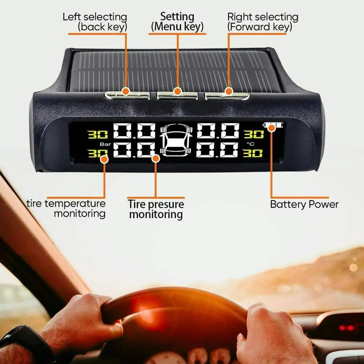 Car TPMS Solar Wireless Tire Tyre Pressure Monitor System LCD Tester+4 Sensors