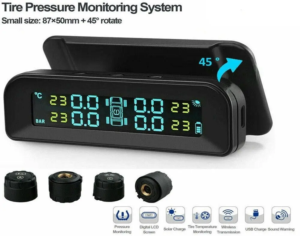 Car TPMS Solar Wireless Tire Tyre Pressure Monitor System LCD Tester+4 Sensors