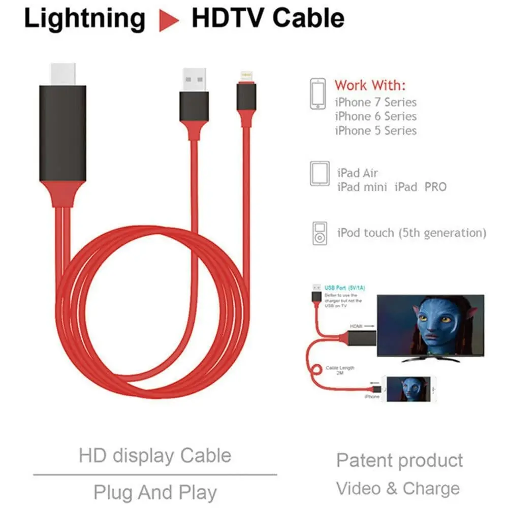 iPhone To HDMI AV TV Adapter Video Output 2M Cable (RED)