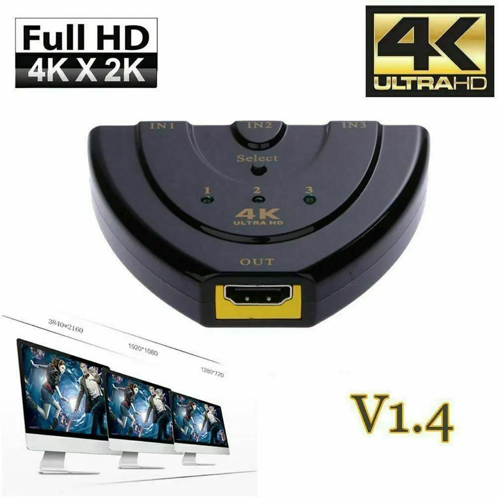 4K Ultra HD 3 Way HDMI Switch Box Splitter HDTV 1080P Auto 3 Port IN 1 OUT Cable