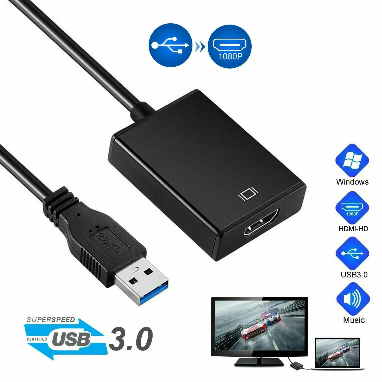 USB 3.0 Male to HDMI Female Adapter Converter Cable for Windows HD 1080