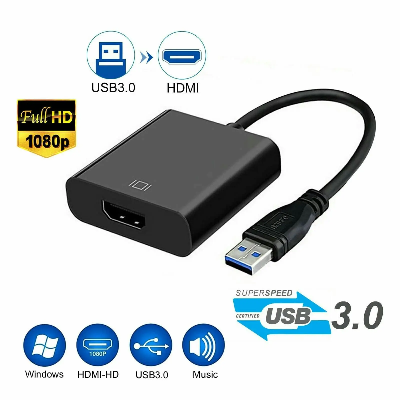 USB 3.0 Male to HDMI Female Adapter Converter Cable for Windows HD 1080