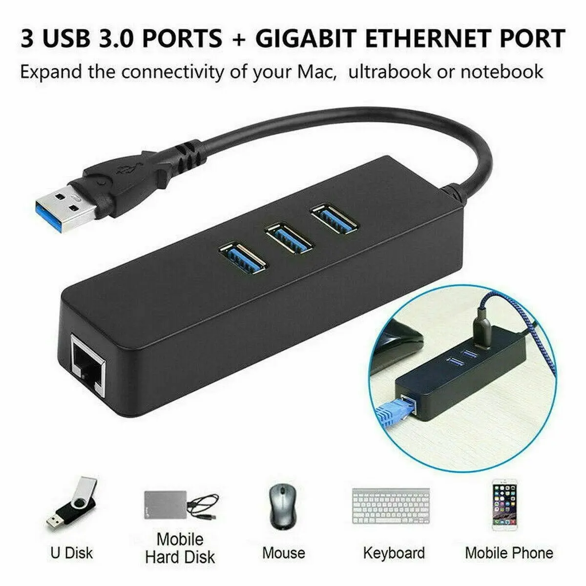 USB 3.1 to HUB 3 Port & RJ45 Gigabit Ethernet Adapter 3.0 USB-C PC MAC