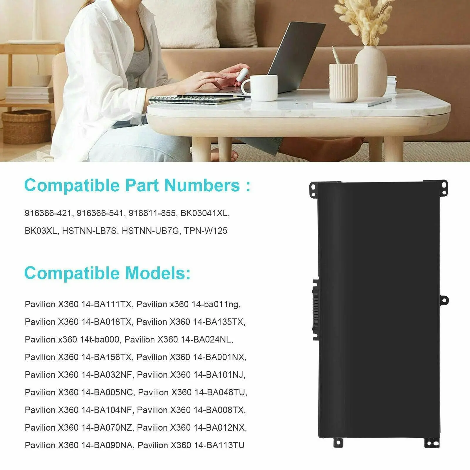 BK03XL Compatible Battery for Hp Pavilion x360 14-ba series HSTNN-UB7G TPN-W125 916366-541