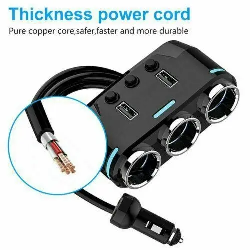 Car Charger Cigarette Lighter 3 Port Power Adapter Socket + Dual USB