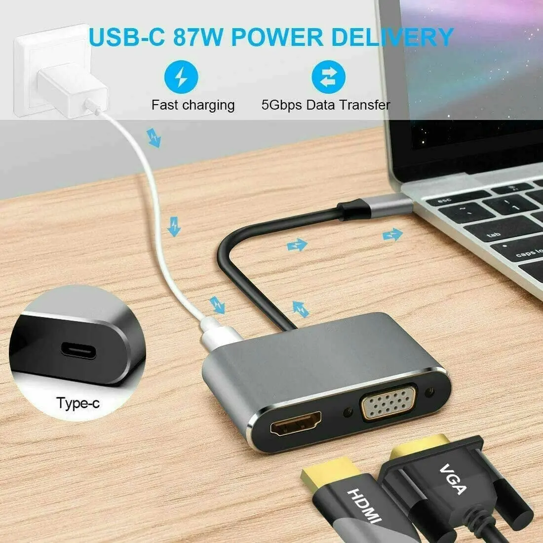 USB C to 4K HDMI VGA Multiport Adapter 4-in-1 Hub USB 3.0 Charging Power PD Port