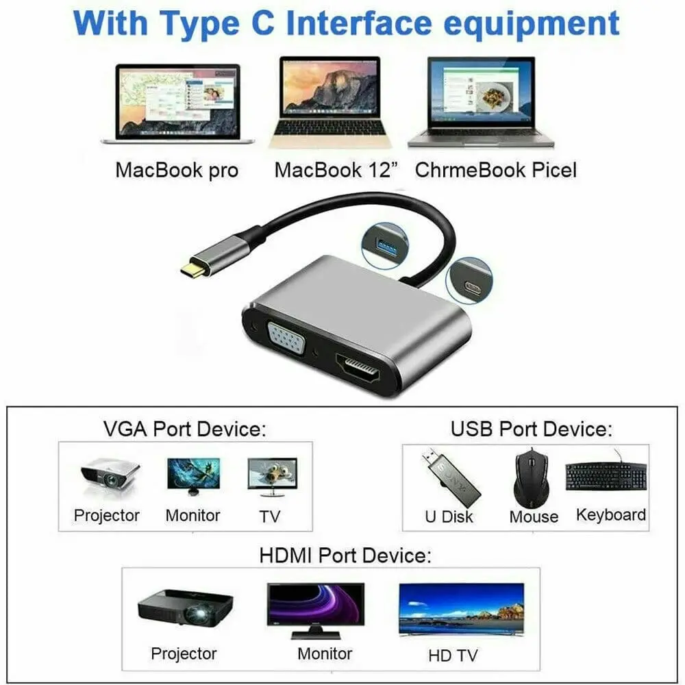 USB C to 4K HDMI VGA Multiport Adapter 4-in-1 Hub USB 3.0 Charging Power PD Port