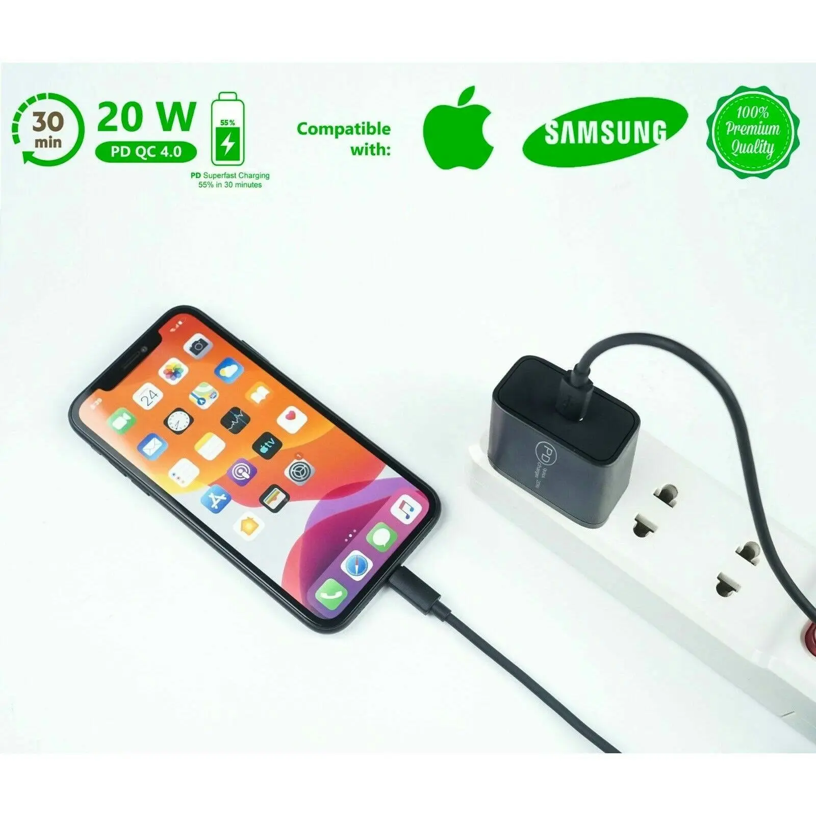 20W USB-C Fast Charge Power Adapter For iPhone 15 14 13 11 iPad Samsung S24 S23 Fold 6