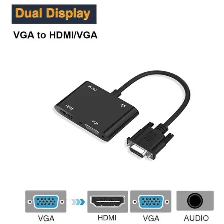 VGA to HDMI VGA Adapter Dual Display 1080P Converter Splitter with Charging Cable and 3.5mm Audio Cable