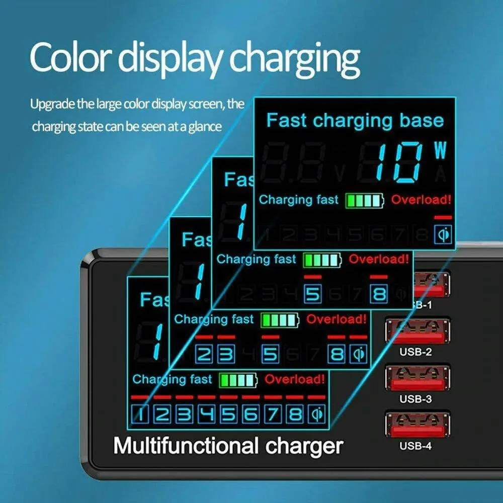 Wireless Fast Charging 8 USB Ports Hub Dock Station 100w | Multi-function Charger for iPhone, Samsung, Tablets, Laptops