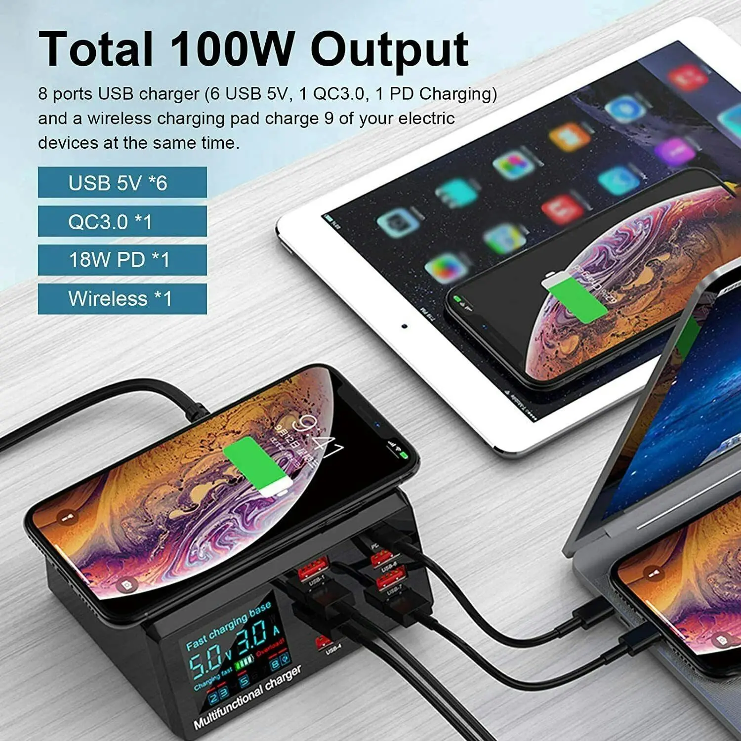 Wireless Fast Charging 8 USB Ports Hub Dock Station 100w | Multi-function Charger for iPhone, Samsung, Tablets, Laptops