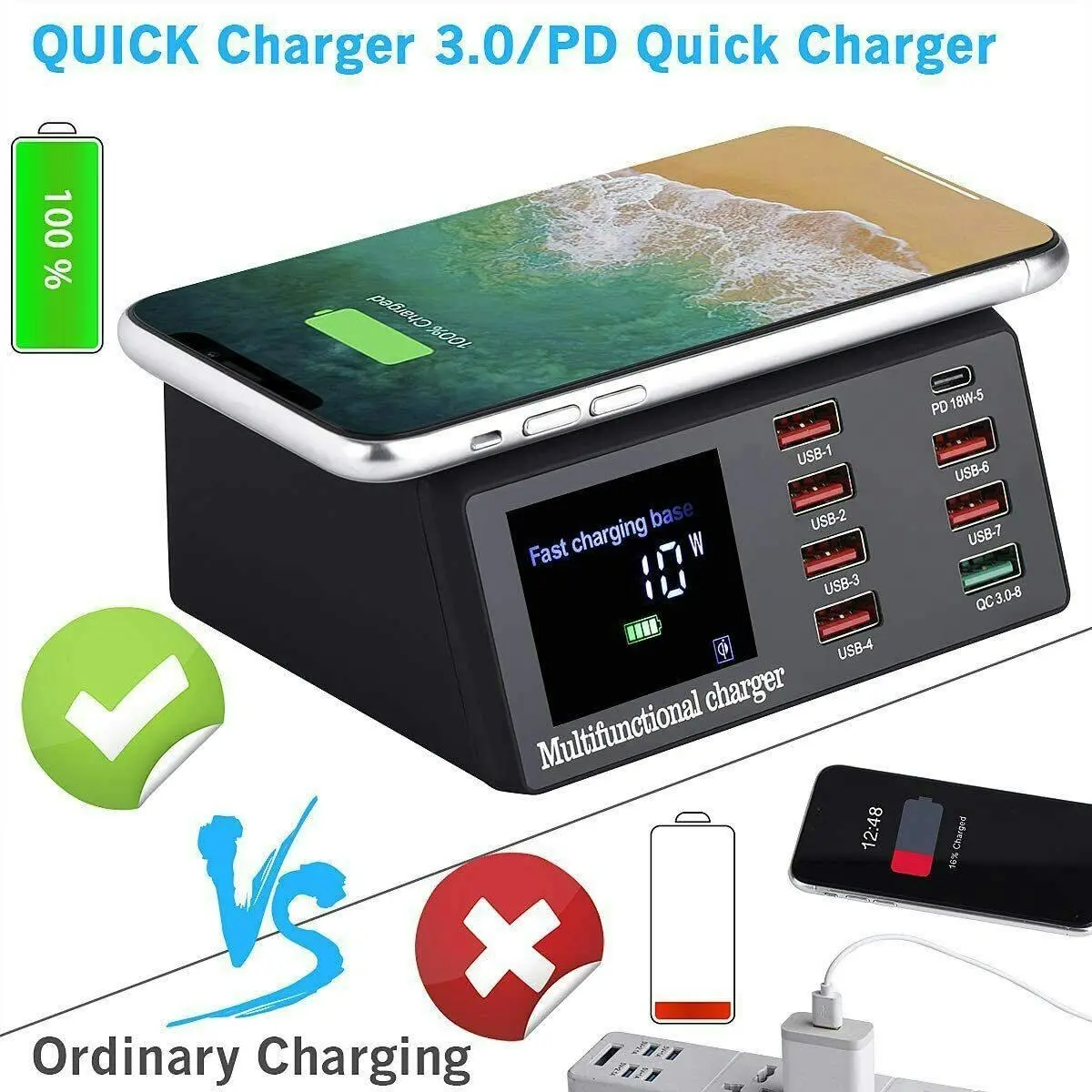 Wireless Fast Charging 8 USB Ports Hub Dock Station 100w | Multi-function Charger for iPhone, Samsung, Tablets, Laptops