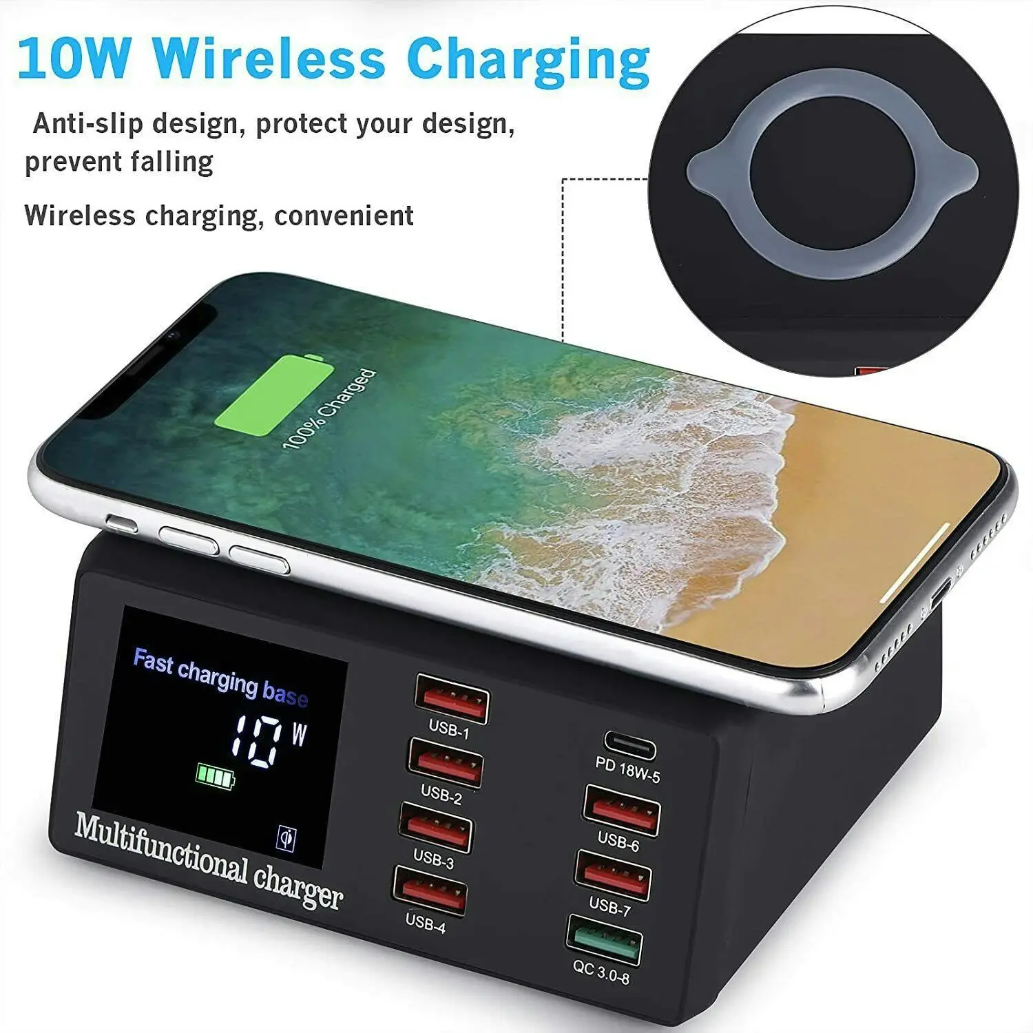 Wireless Fast Charging 8 USB Ports Hub Dock Station 100w | Multi-function Charger for iPhone, Samsung, Tablets, Laptops