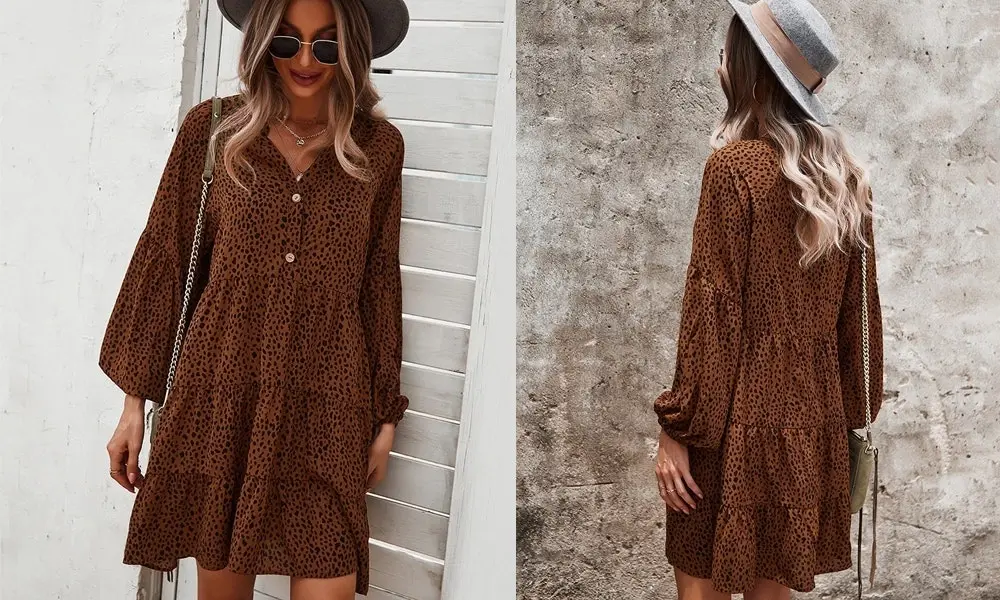 Tiered Dress with Long Cuffed Sleeves - Brown