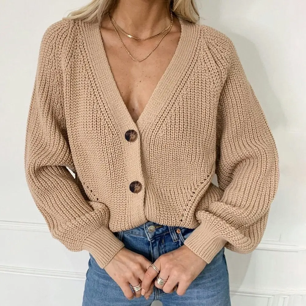 Women's Cropped Knit Button Cardigan - Beige