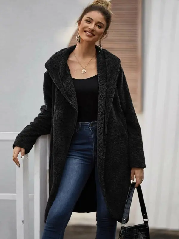 Women's Open Front Teddy Coat with Pockets - Black