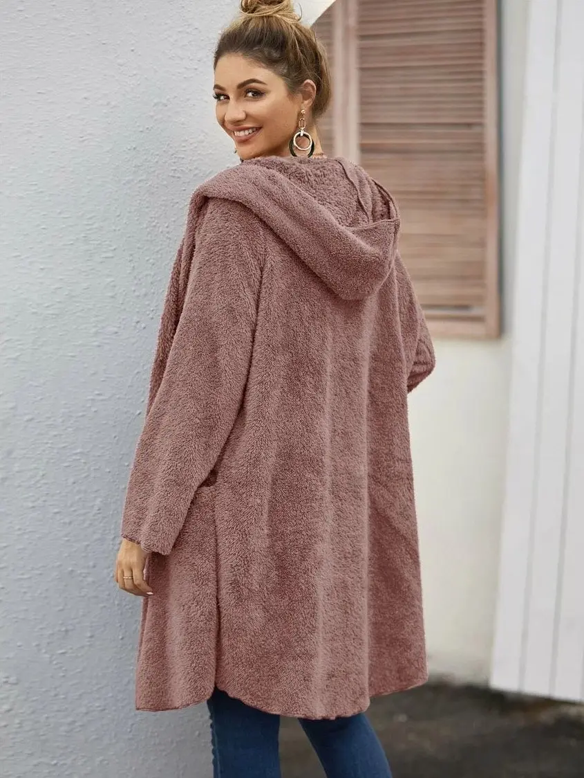 Women's Open Front Teddy Coat with Pockets - Blush