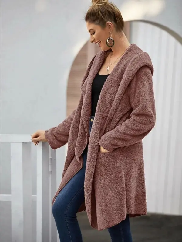 Women's Open Front Teddy Coat with Pockets - Blush