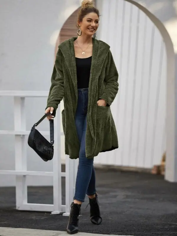 Women's Open Front Teddy Coat with Pockets - Khaki