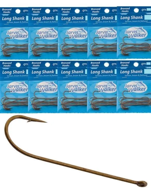 10 Pack of Jarvis Walker Bronze Long Shank Fishing Hooks