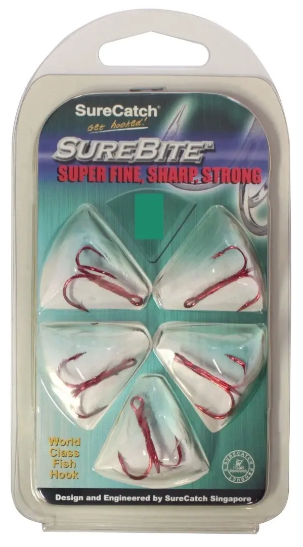 5 Pack of Surecatch Red Chemically Sharpened Treble Fishing Hooks