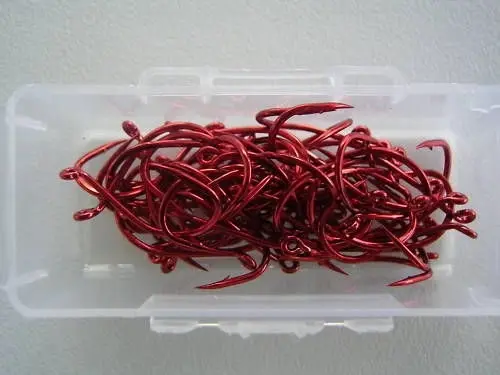 1 Box of Mustad 92554NPNR Big Red Chemically Sharpened Fishing Hooks