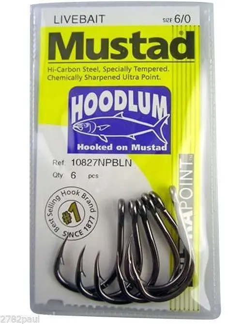 1 Packet of Mustad 10827NPBLN Hoodlum Live Bait 4x Strong Fishing Hooks