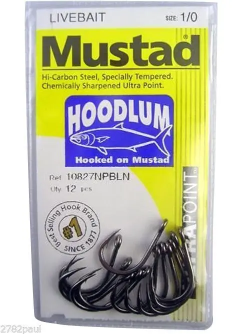 1 Packet of Mustad 10827NPBLN Hoodlum Live Bait 4x Strong Fishing Hooks