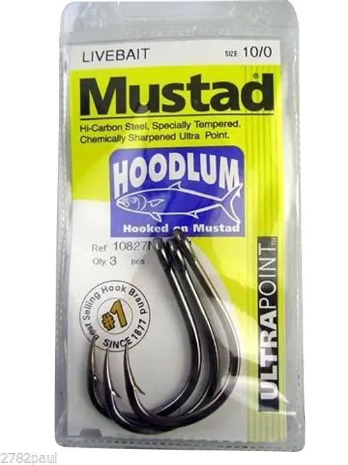 1 Packet of Mustad 10827NPBLN Hoodlum Live Bait 4x Strong Fishing Hooks