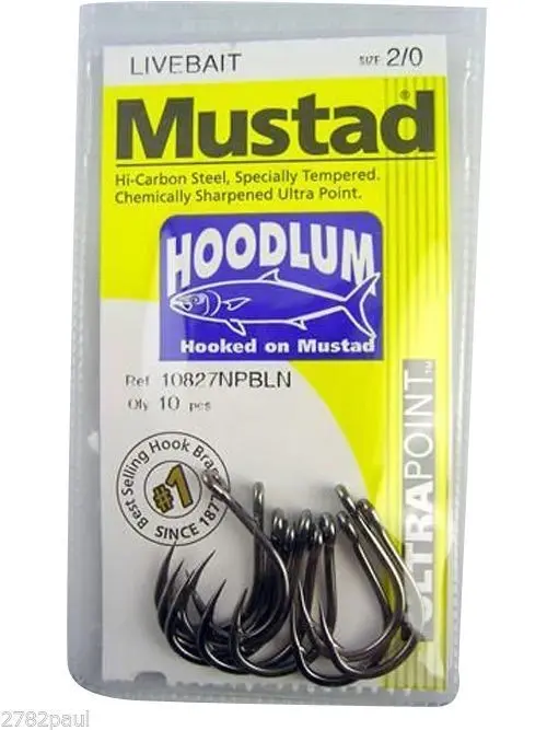 1 Packet of Mustad 10827NPBLN Hoodlum Live Bait 4x Strong Fishing Hooks