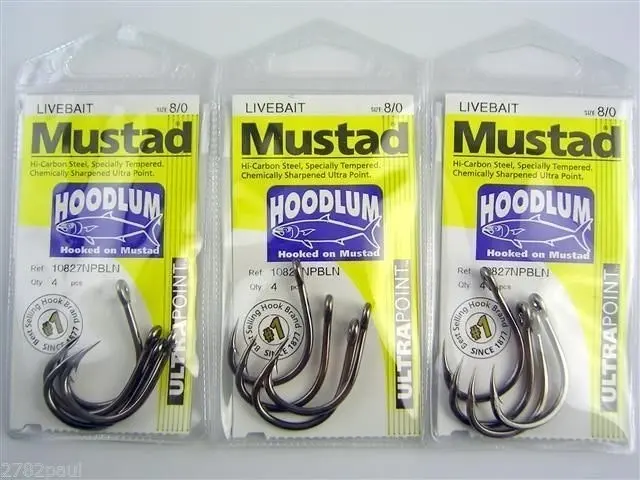 1 Packet of Mustad 10827NPBLN Hoodlum Live Bait 4x Strong Fishing Hooks