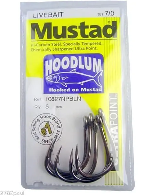 1 Packet of Mustad 10827NPBLN Hoodlum Live Bait 4x Strong Fishing Hooks