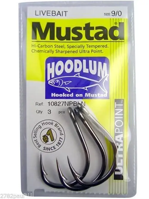 1 Packet of Mustad 10827NPBLN Hoodlum Live Bait 4x Strong Fishing Hooks