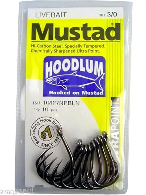 1 Packet of Mustad 10827NPBLN Hoodlum Live Bait 4x Strong Fishing Hooks