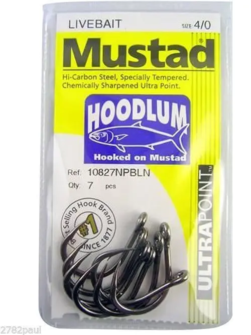 1 Packet of Mustad 10827NPBLN Hoodlum Live Bait 4x Strong Fishing Hooks