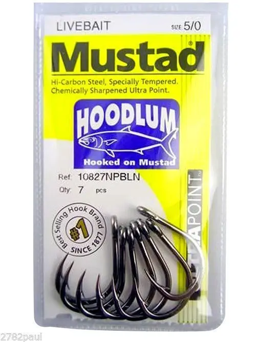 1 Packet of Mustad 10827NPBLN Hoodlum Live Bait 4x Strong Fishing Hooks