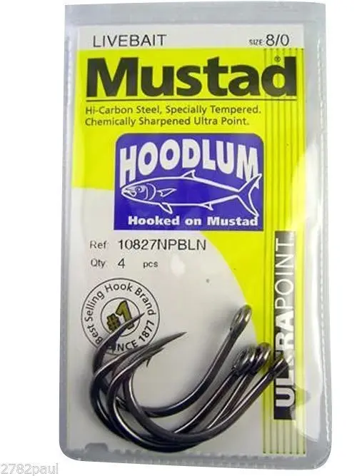 1 Packet of Mustad 10827NPBLN Hoodlum Live Bait 4x Strong Fishing Hooks