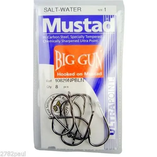 1 Packet of Mustad 10829NPBLN Big Gun Chemically Sharp Fishing Hooks